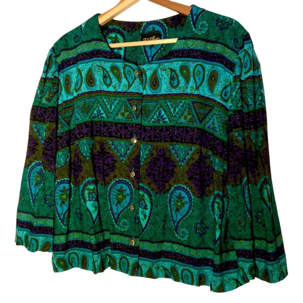 Vintage 1980s Blouse Size Large Cropped Blue Green Purple Paisley 3/4 Sleeve